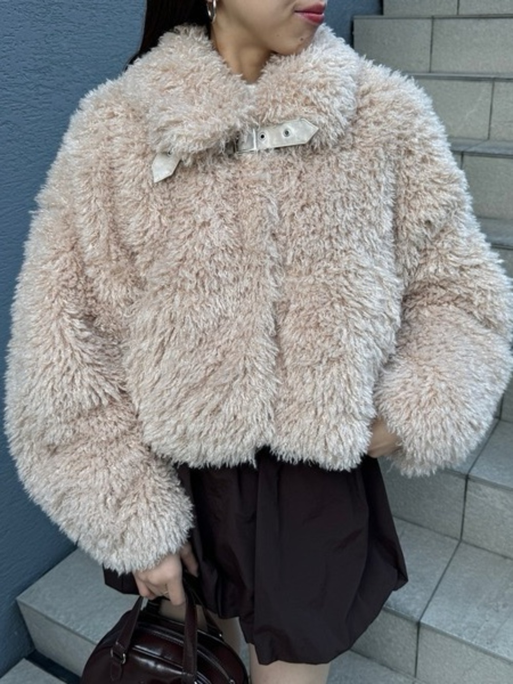 Chico Japan Cream Faux Fur Cropped Jacket - High Neck Buckle Details